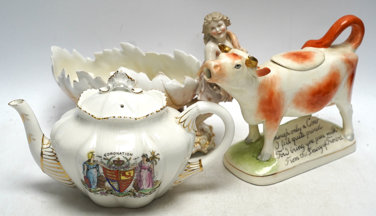 Miscellaneous ceramics and glassware to include Royal Dux cow creamer, a figural centrepiece and a set of six etched glass bowls. Condition - varies, mostly fair